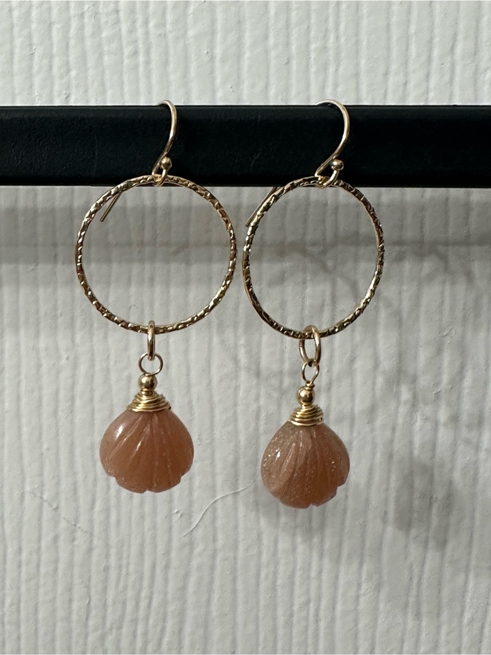 14k Gold-Filled Earrings Hammered Hoops Peach Moonstone Charms 2” NWOT